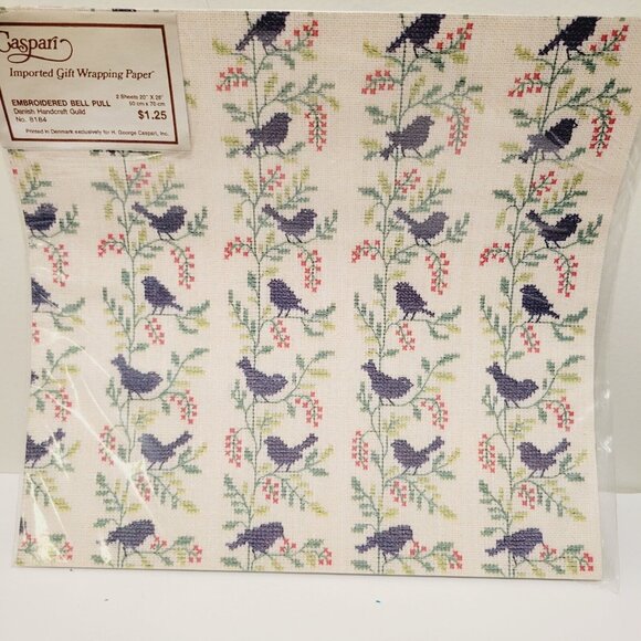 Vtg Embroidered Bell Pull Blue Bird Danish Floral Themed Gift Wrapping Paper - Picture 1 of 5